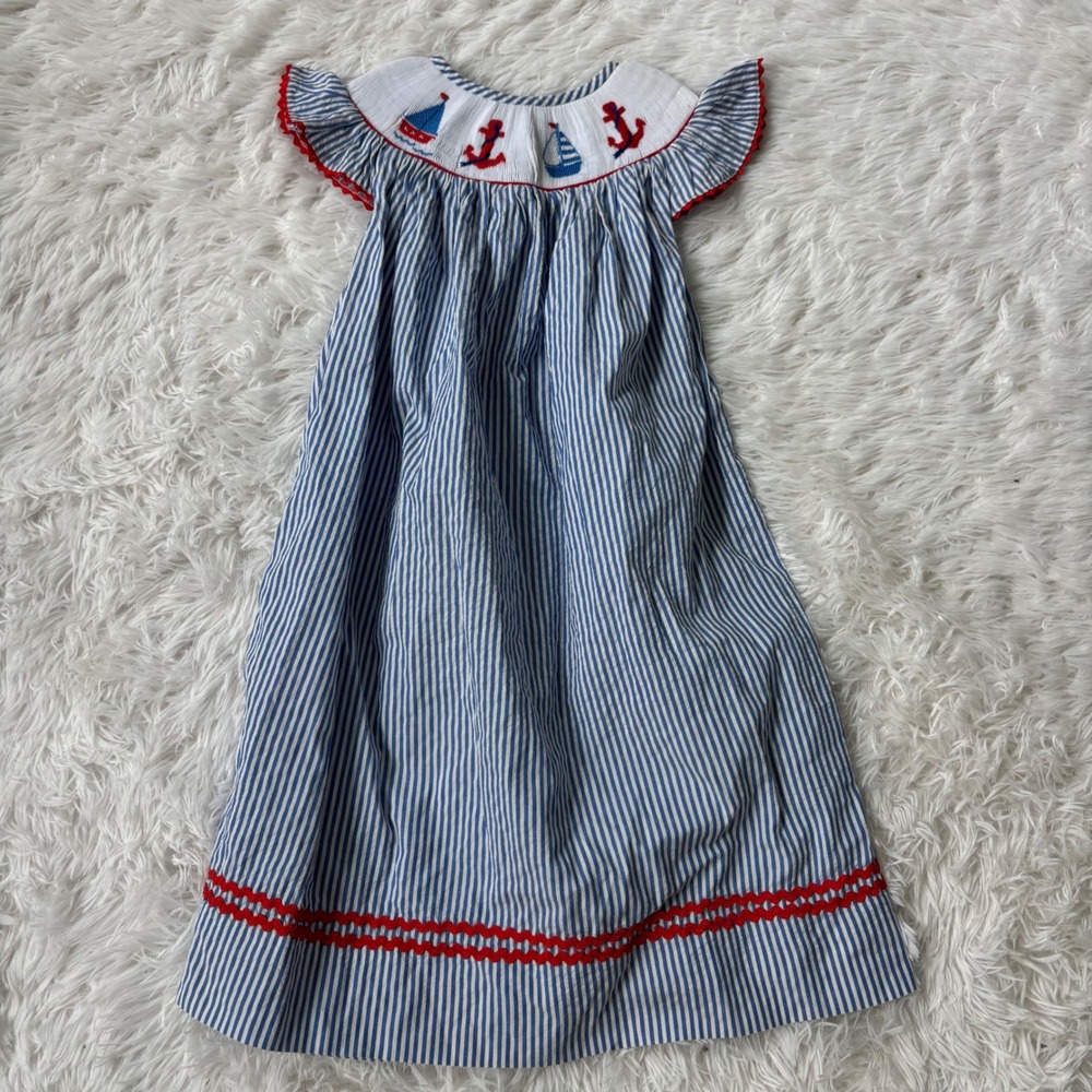 Babeeni Girls Hand Smocked Nautical Bishop Dress Blue Seersucker Sailboat Size 4